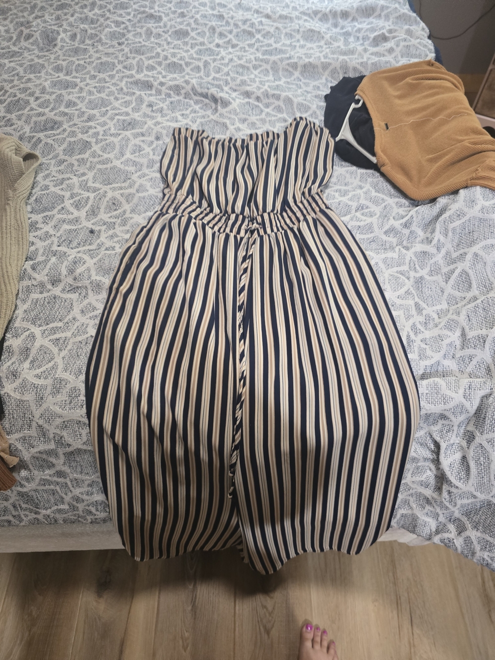 Striped Navy and Cream Strapless Jumpsuit - Picture 1 of 1